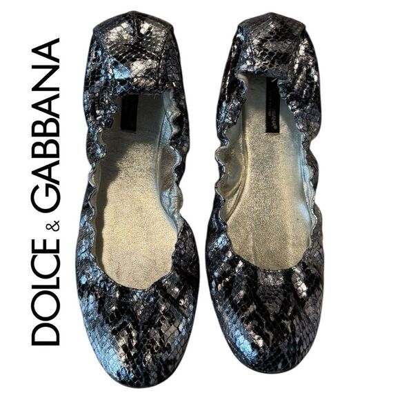 Dolce & Gabbana Women's Black and Silver Snakeskin Ballet Flats - Picture 2 of 7